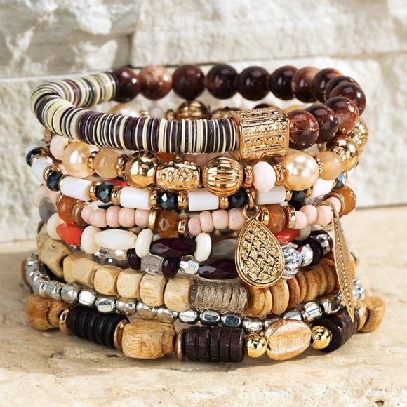 Coconut Mixed Beads Wood Metal Glass Stretch Stackable Bracelet Set w/ Leaf - Picture 3 of 3